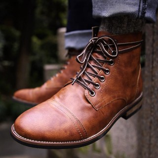 Men's Front Lace-up Round Toe Biker Boots