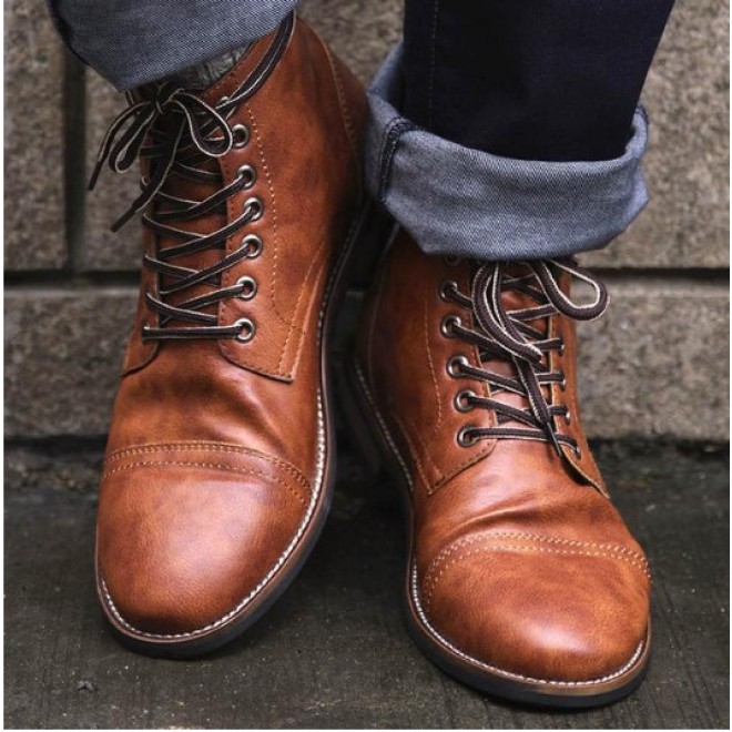 Men's Front Lace-up Round Toe Biker Boots