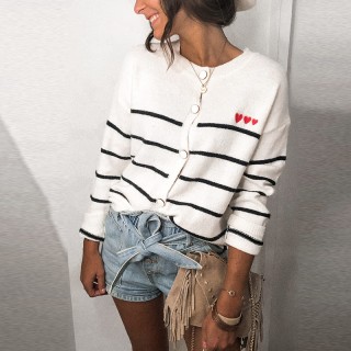 Fashion French Long Sleeve Striped Wool Cardigan