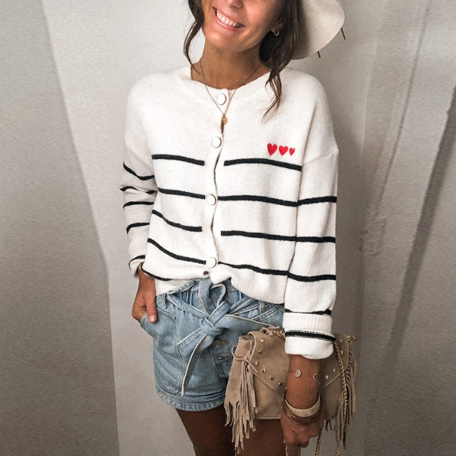 Fashion French Long Sleeve Striped Wool Cardigan