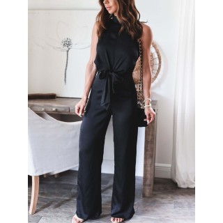 Satin Black Color Waist Tie Knots Sleeveless Jumpsuit