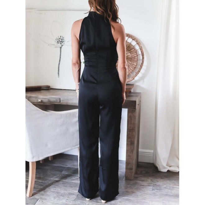 Satin Black Color Waist Tie Knots Sleeveless Jumpsuit