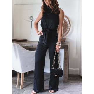 Satin Black Color Waist Tie Knots Sleeveless Jumpsuit