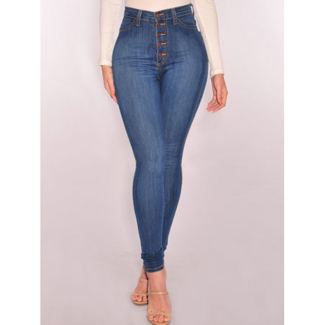 Casual Solid High Waist Stretch Jeans