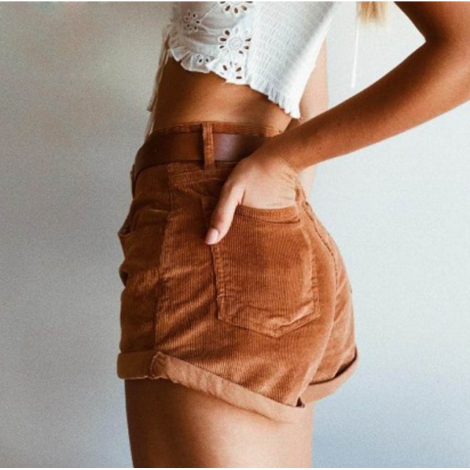 Women's Corduroy High Waist Curled Solid Color Loose Shorts