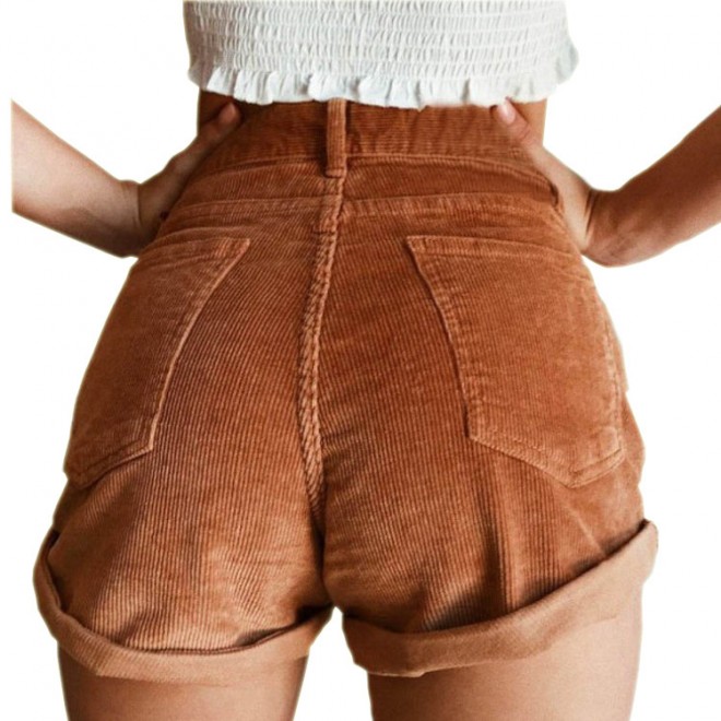 Women's Corduroy High Waist Curled Solid Color Loose Shorts