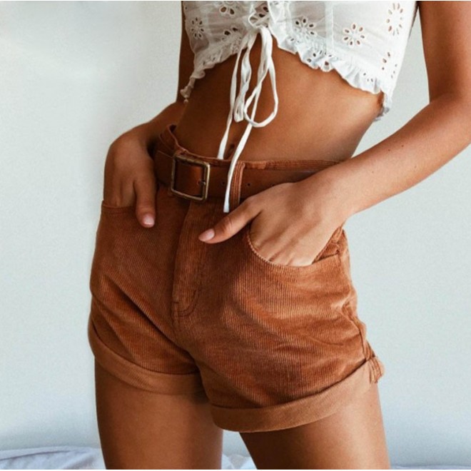 Women's Corduroy High Waist Curled Solid Color Loose Shorts