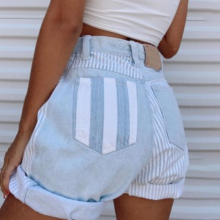 Fashion Striped Stitching Denim Shorts