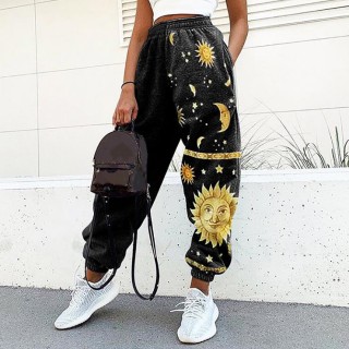 Ladies Casual Retro Sun Print Loose Fitness Sweatpants Trousers