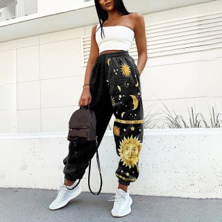 Ladies Casual Retro Sun Print Loose Fitness Sweatpants Trousers