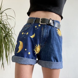 Fashion Moon Sun Print Loose Fit Denim Shorts