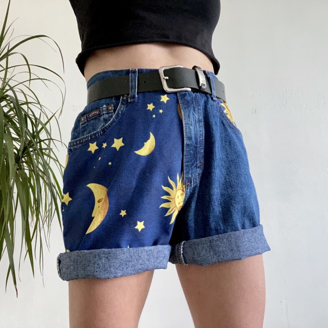 Fashion Moon Sun Print Loose Fit Denim Shorts