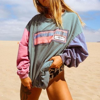 Retro Woman Color Stitching Round Neck Sweatshirt