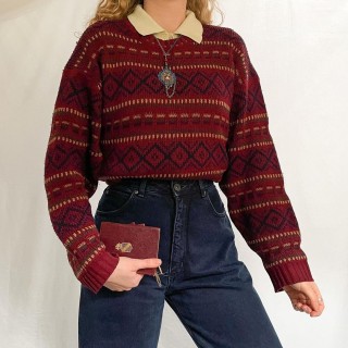 Geometric Ethnic Print Casual Loose Round Neck Sweater