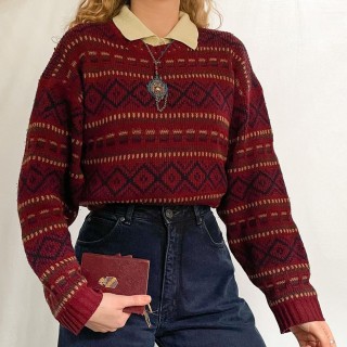 Geometric Ethnic Print Casual Loose Round Neck Sweater