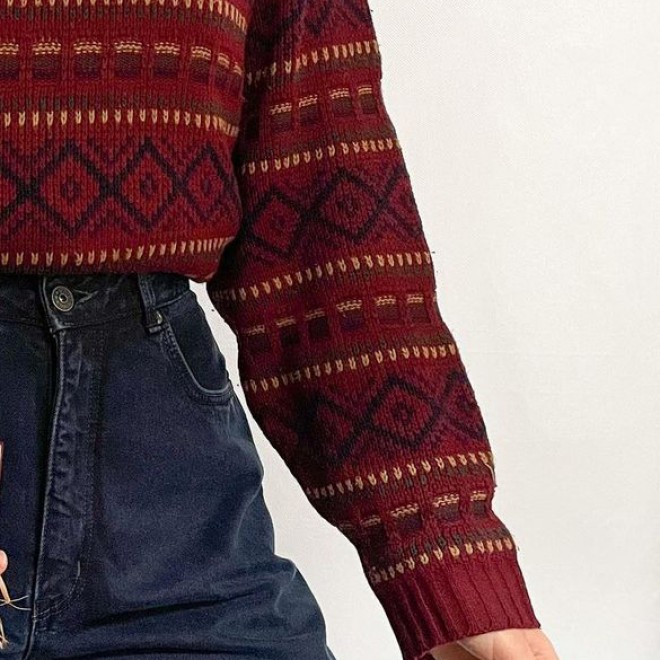 Geometric Ethnic Print Casual Loose Round Neck Sweater