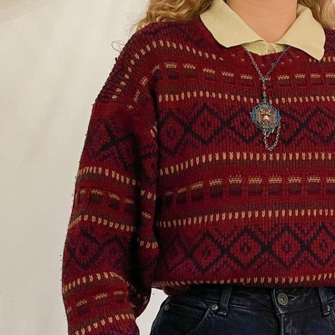 Geometric Ethnic Print Casual Loose Round Neck Sweater