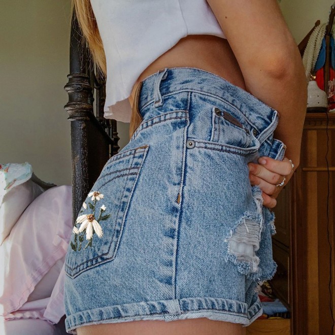 Fashion Casual Floral Embroidered Denim Shorts