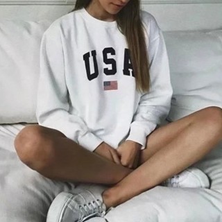 Letter Print Round Neck Long-sleeved Loose Sweater Women