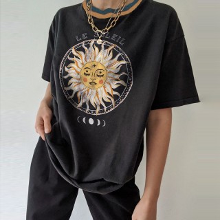 Casual Round Neck Short Sleeve Sun Print Tee