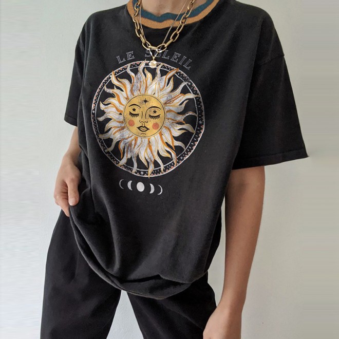 Casual Round Neck Short Sleeve Sun Print Tee