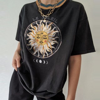 Casual Round Neck Short Sleeve Sun Print Tee