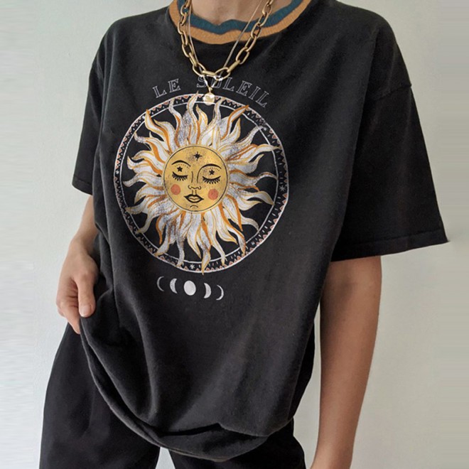 Casual Round Neck Short Sleeve Sun Print Tee