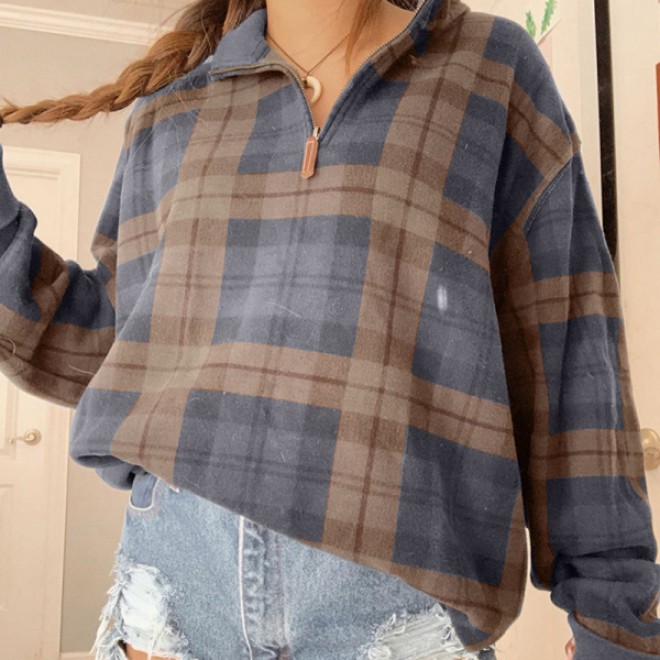 Fashion Vintage Plaid Zip Collar Long Sleeve Top