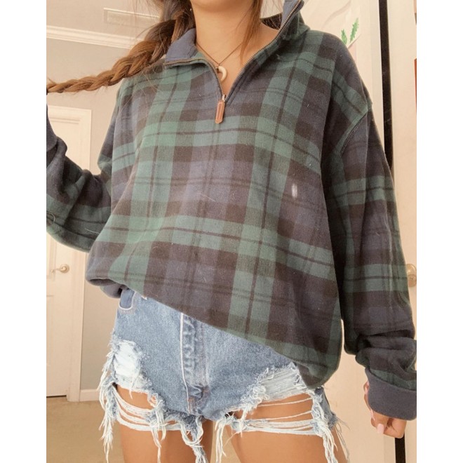 Fashion Vintage Plaid Zip Collar Long Sleeve Top