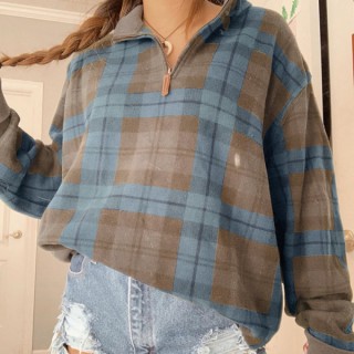 Fashion Vintage Plaid Zip Collar Long Sleeve Top