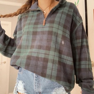 Fashion Vintage Plaid Zip Collar Long Sleeve Top