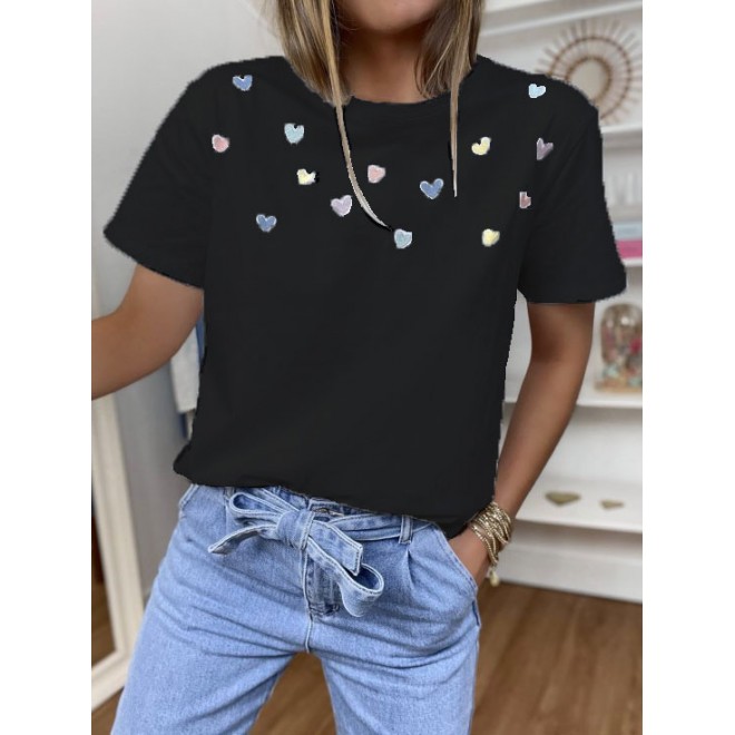 Heart Print Crew Neck Short Sleeves T-shirt