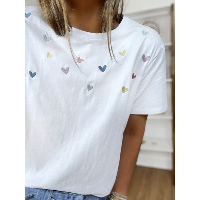 Heart Print Crew Neck Short Sleeves T-shirt