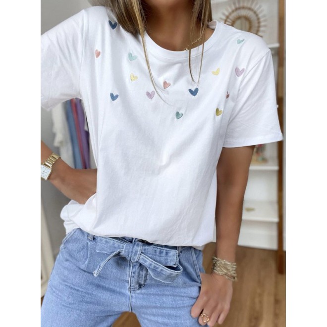 Heart Print Crew Neck Short Sleeves T-shirt