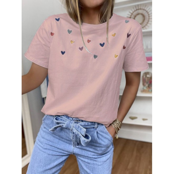Heart Print Crew Neck Short Sleeves T-shirt