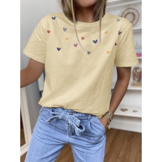 Heart Print Crew Neck Short Sleeves T-shirt