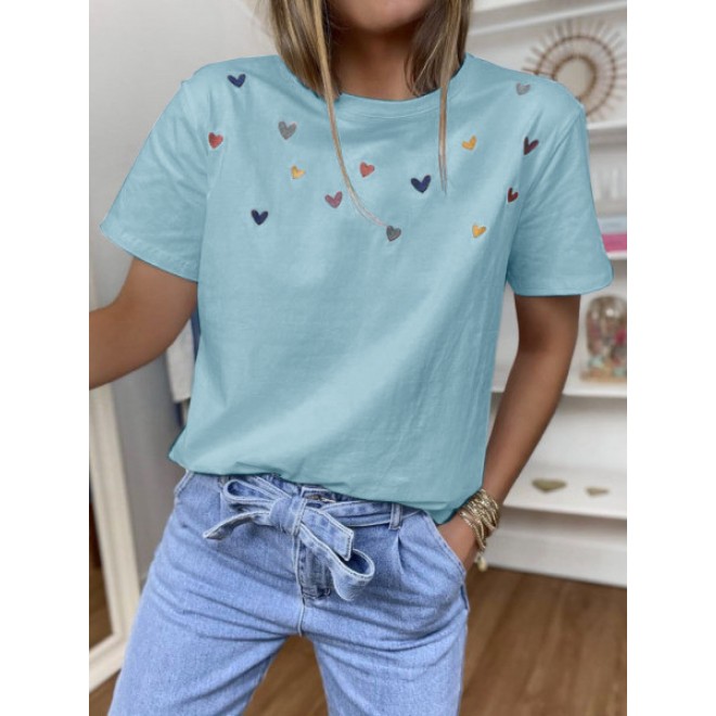 Heart Print Crew Neck Short Sleeves T-shirt