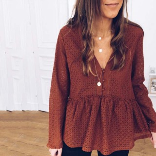 Casual Loose V Neck Long Sleeves Ruffled Hem Shirt