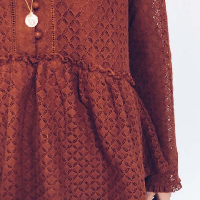 Casual Loose V Neck Long Sleeves Ruffled Hem Shirt