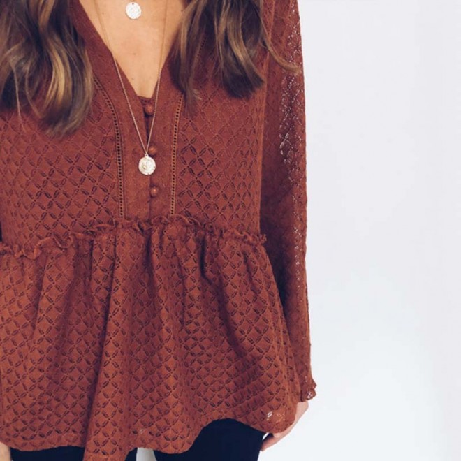 Casual Loose V Neck Long Sleeves Ruffled Hem Shirt