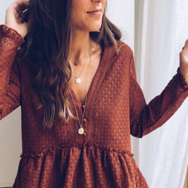 Casual Loose V Neck Long Sleeves Ruffled Hem Shirt