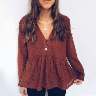 Casual Loose V Neck Long Sleeves Ruffled Hem Shirt