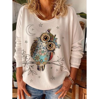 Owl Printed Round Neck Loose T-shirt