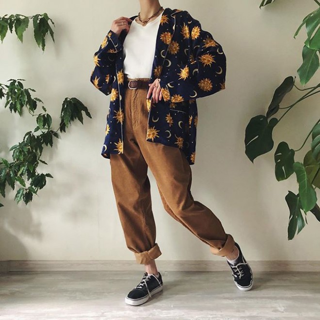 Vintage Printed Color Long Sleeve Shirt