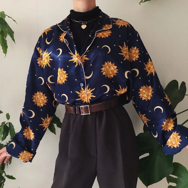Vintage Printed Color Long Sleeve Shirt