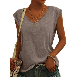 V-neck Solid Color Casual Loose Sleeveless T-shirt