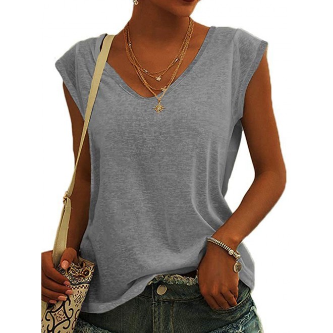 V-neck Solid Color Casual Loose Sleeveless T-shirt