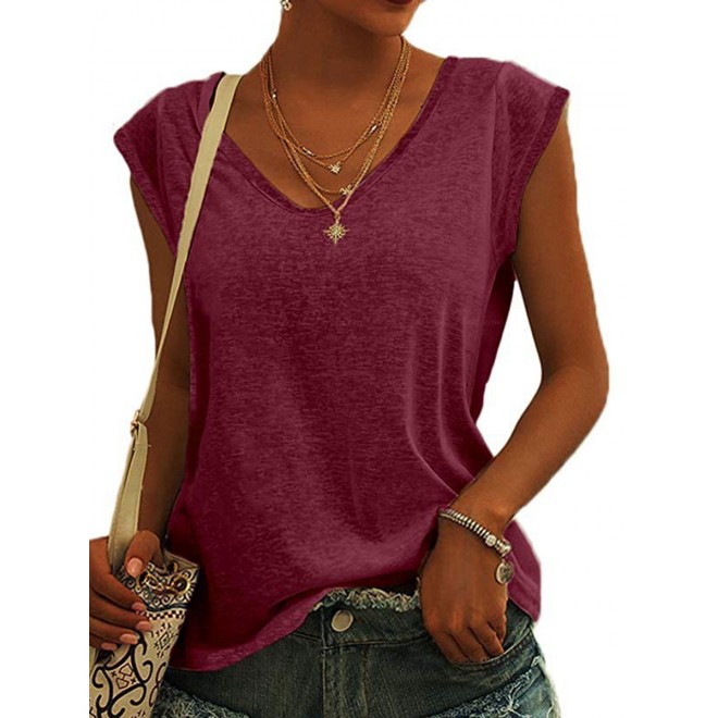 V-neck Solid Color Casual Loose Sleeveless T-shirt