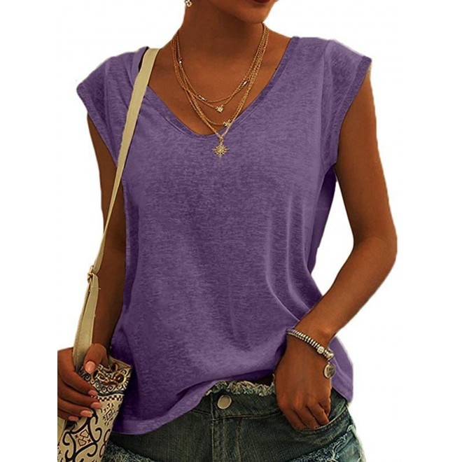 V-neck Solid Color Casual Loose Sleeveless T-shirt